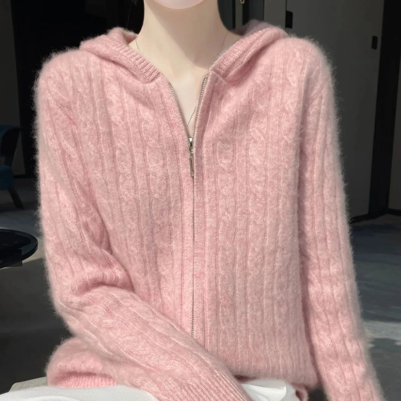 

2025 Autumn Winter New Women's Zipper Knitted Cardigan Jacket Women's Fashion Hooded Sweater Coat Female Casual Short Outwear