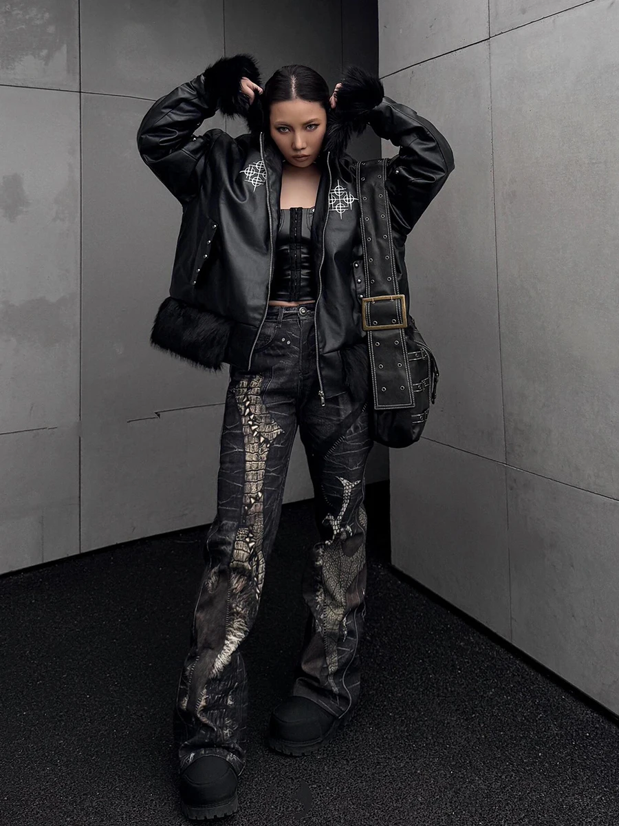 REDDACHiC Snake Textured Black Jeans Women Trousers Y2k Digital Print Cross High Waist Straight Wide Leg Pants Grunge Streetwear