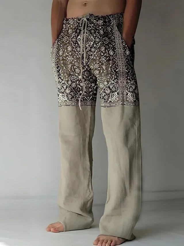 Pantalones casuales con estampado de tótem retro étnico para hombre, pantalones de cáñamo de bambú, transpirables, con cordón, sueltos, guapos,