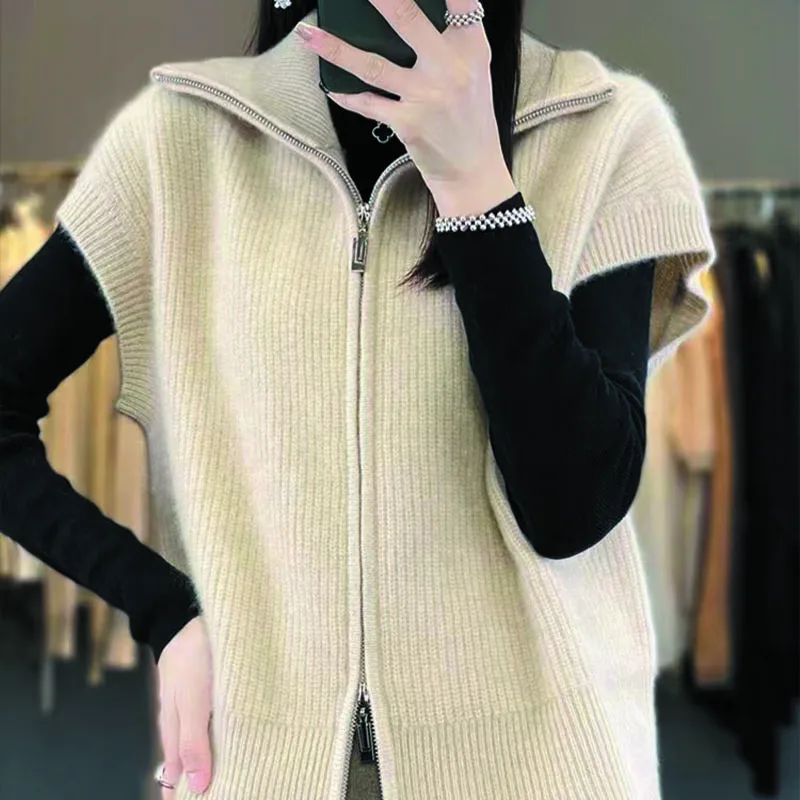 

New Autumn And Winter Women's High-Necked Double Zipper Wool Knit Cardigan Vest Lapel And Short-Sleeved Coat