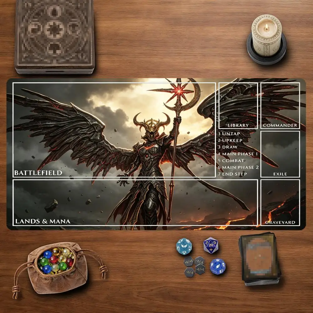 Dark Fallen Angel TCG Playmat 35X60CM Horned Armor Demon Magic Card Battle Mat Non-Slip Durable Stitched Edge Tabletop Playmat
