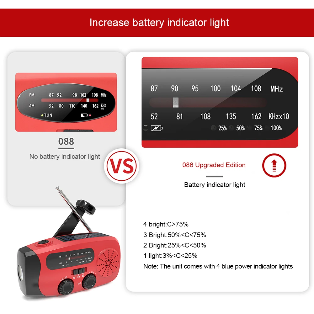 Radio portátil multifunción con manivela, dispositivo Solar, USB, FM/AM/WB, linterna de emergencia, Banco de energía, 2000mAh