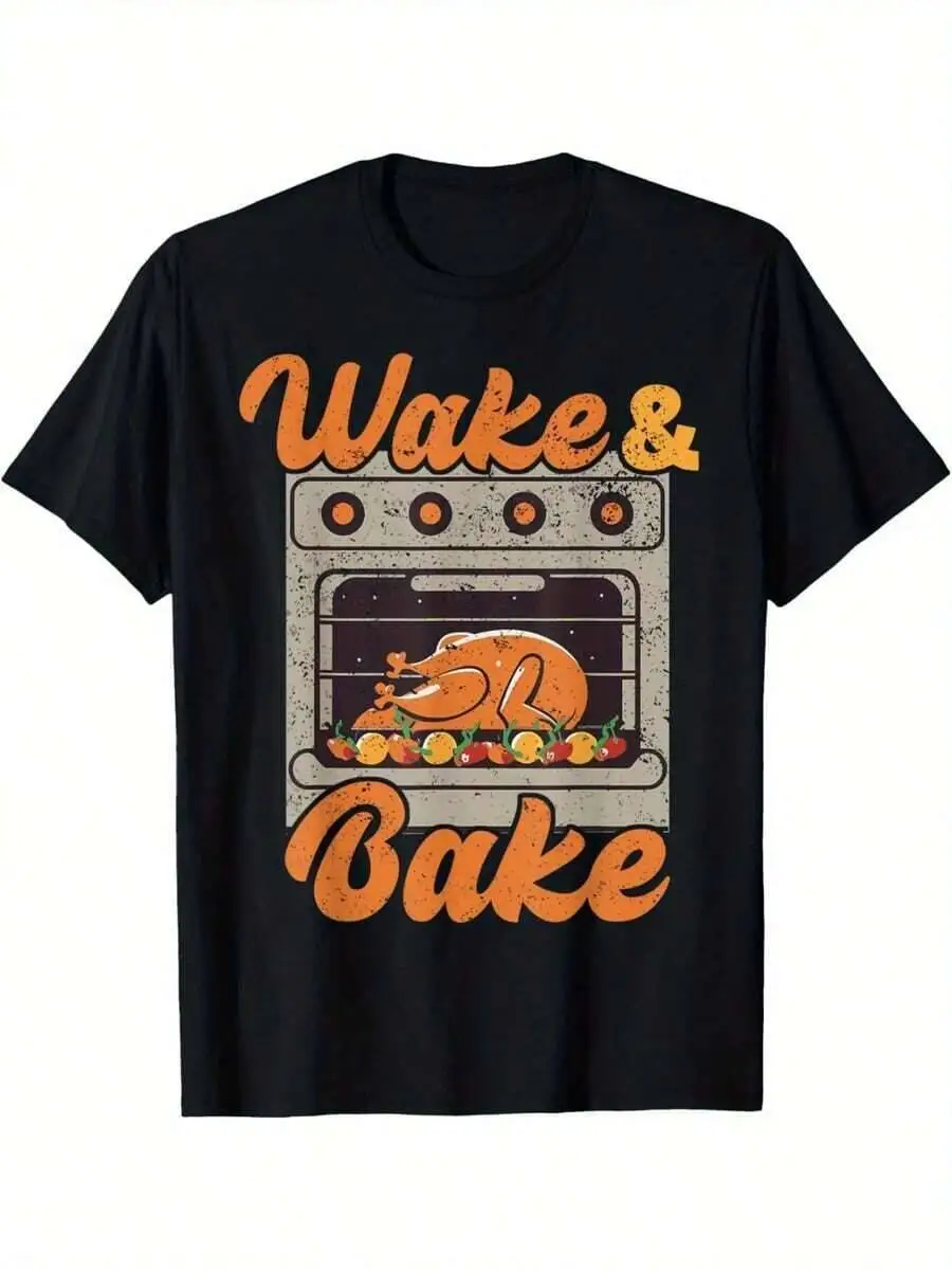 Plus Size Men's Clothing Wake Bake Vintage Graphic T-Shirt Retro Playful Black Tee Featuring Oven Illustration With Cartoon Dog,