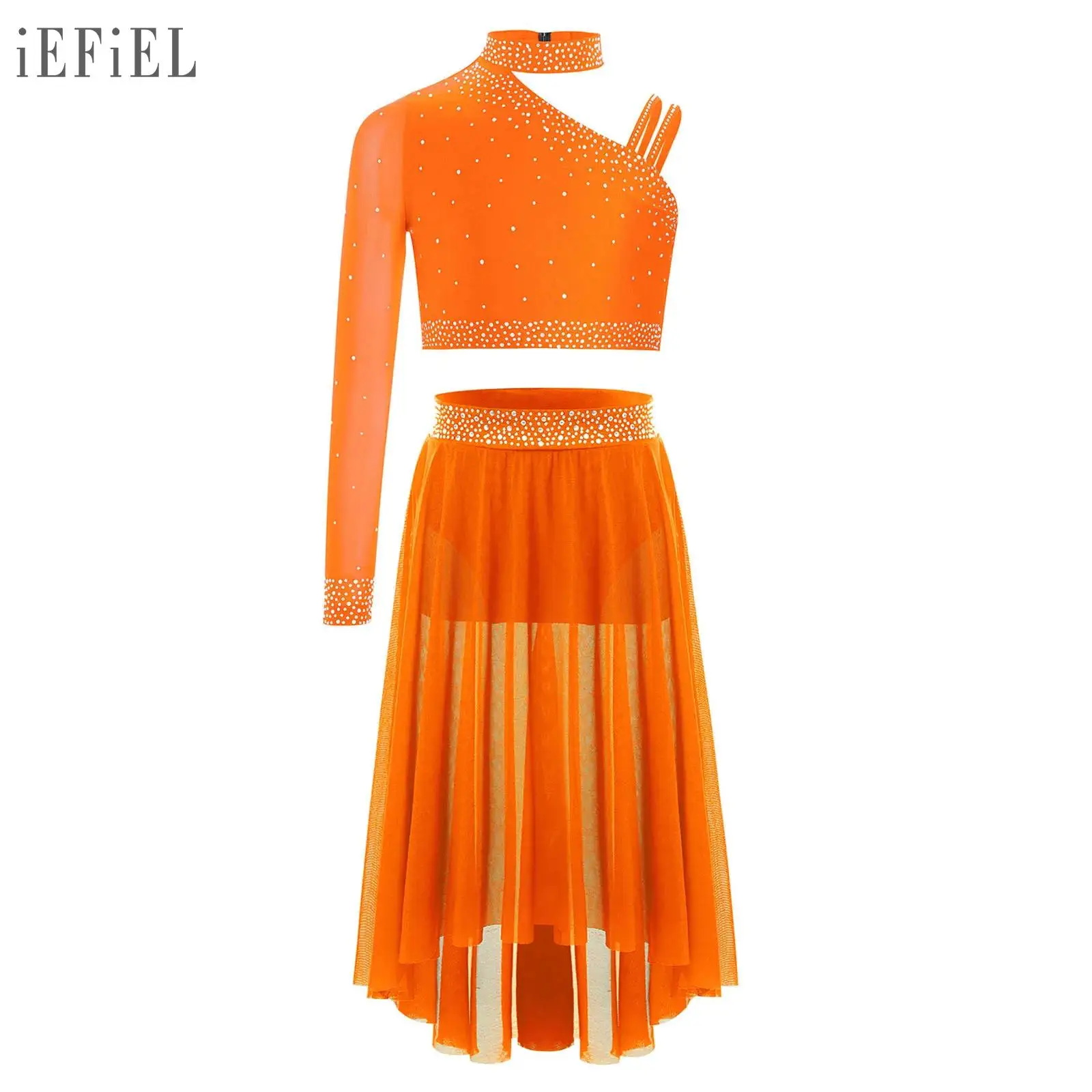 

Детский балетный комплект для лирических танцев для девочек, костюм для фигурного катания, укороченный топ со стразами и длинными рукавами, юбка из сетки нестандартной формы с высокой и низкой юбкой