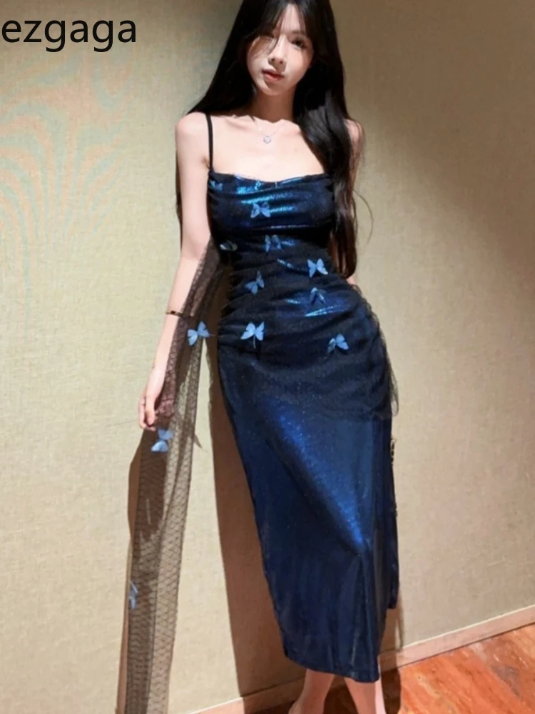

Ezgaga Women Dresses Elegant Sexy Sleeveless Slim Mesh Patchwork Butterfly Backless Vintage Party Dress Female Ladies Chic