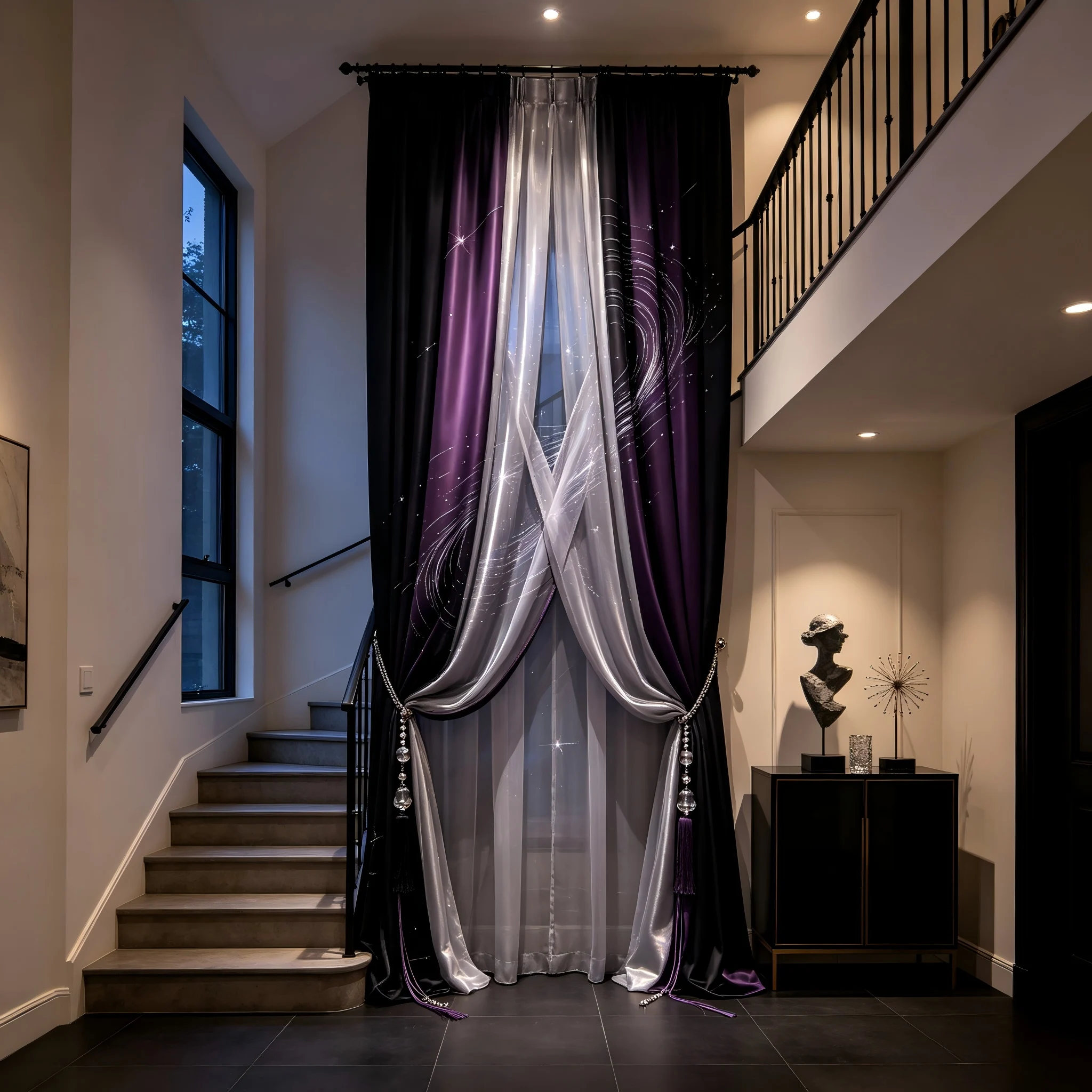 200288   Tall duplex entrance: black purple satin x silver grey chiffon, star track printed curtains