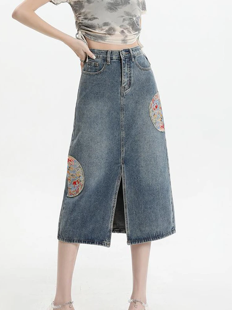 

New 2024 Spring Summer Denim Skirt Women High Waist Slit Embroidery Chinese Style A Line Midi Jean Skirts Womens Hot Sale