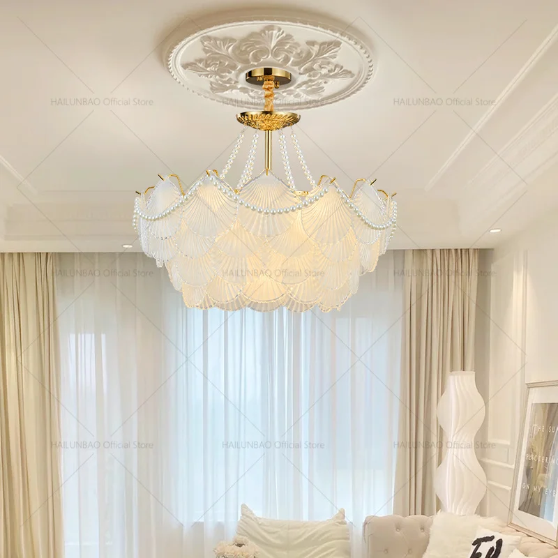 

French Light Luxury Living Room Chandelier Shell Pearl Bedroom Dining Room Main Light Modern Simple Atmosphere Glass Crystal