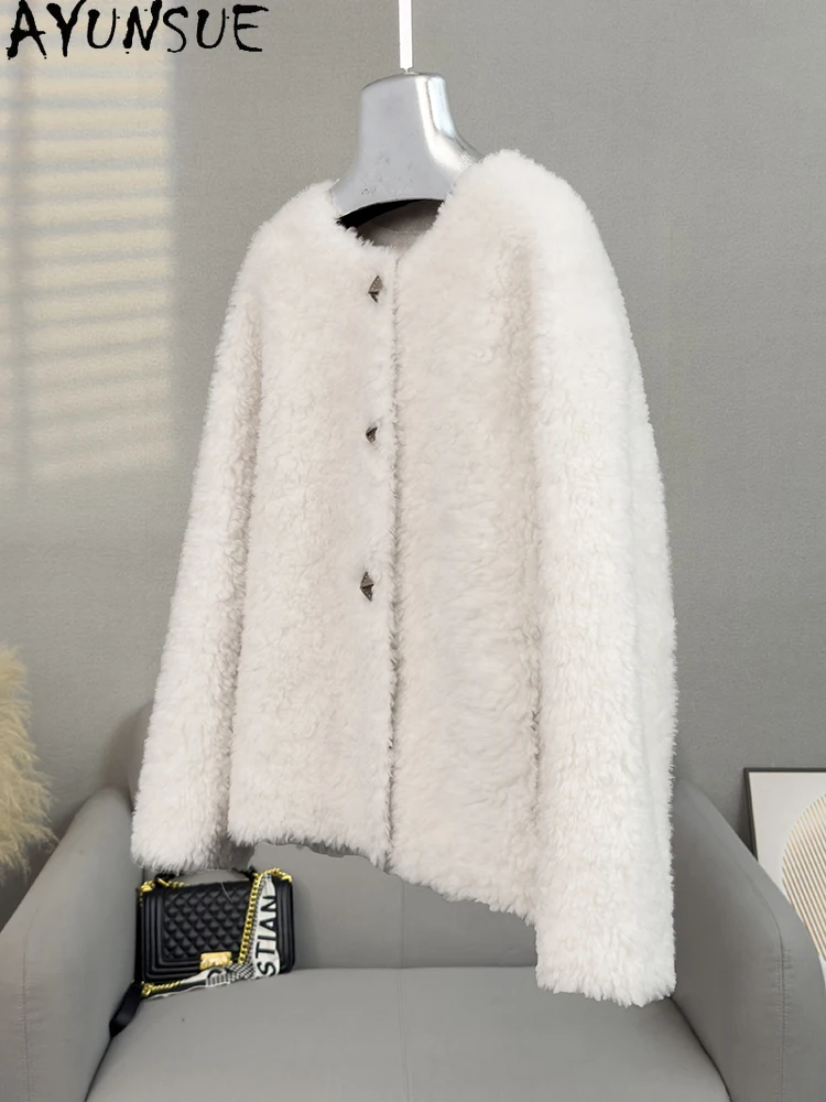 AYUNSUE 100% Natürliche Wolle frauen Jacke Elegante Rundhals Lamm Pelz Jacke Frau Kleidung Lose Outer 2025, Ropa Para mujer
