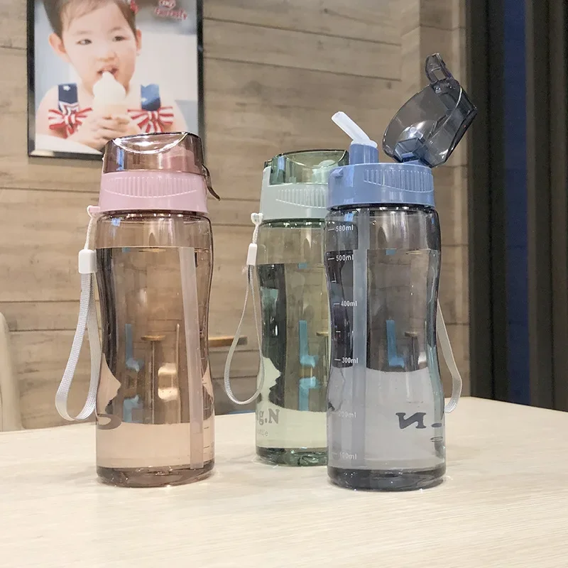 580ml Large Capacity Water Bottle Straw Cup High Temperature Plastic Water Cup Time Scale Outdoor Sports Student Couple Cup