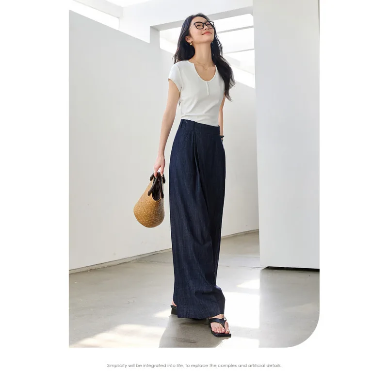 Women's Casual Drape Pants High Waist Washed Jeans 2025 Spring Loose Straight Wide Leg Vintage Commuting Simple Denim Pants
