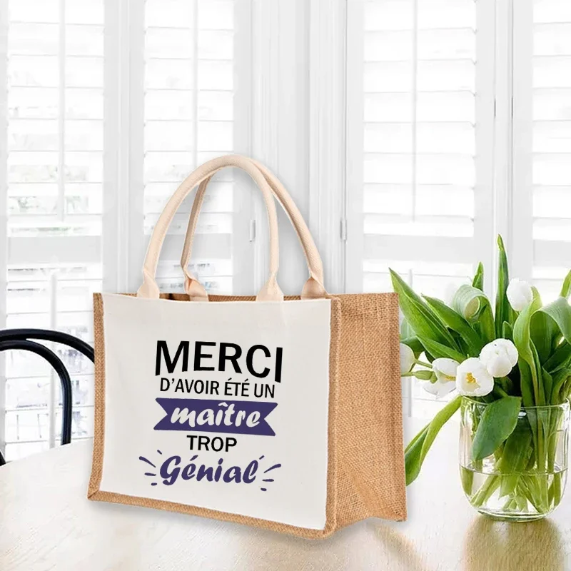 Thank You Mistress Print Jute Bags with Summer Beach Handles Shopping Bag Large Capacity Tote Bag for Teacher Day Gift