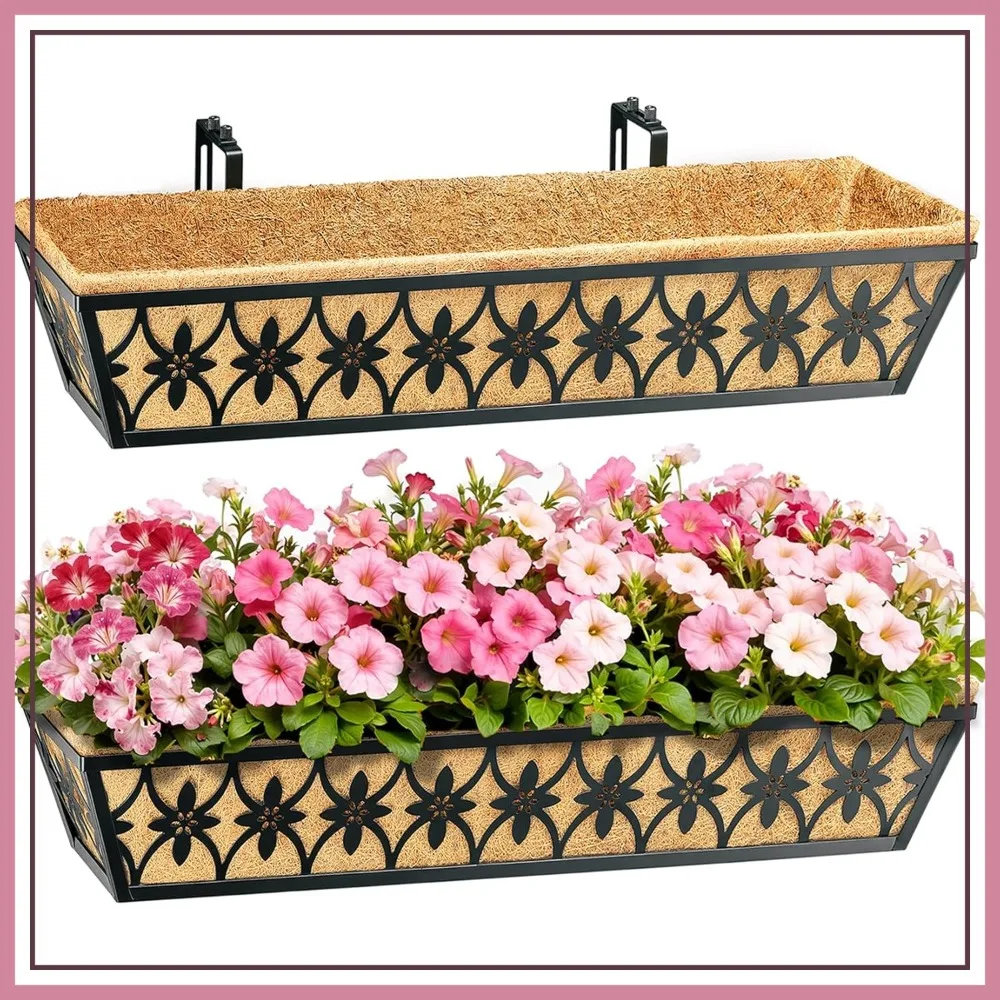 

30-Inch Window Boxes Planters for Railing, 2-Pack with Adjustable Brackets & Coco Liners, Hanging Flower Boxes for Outdoor Garden Decor