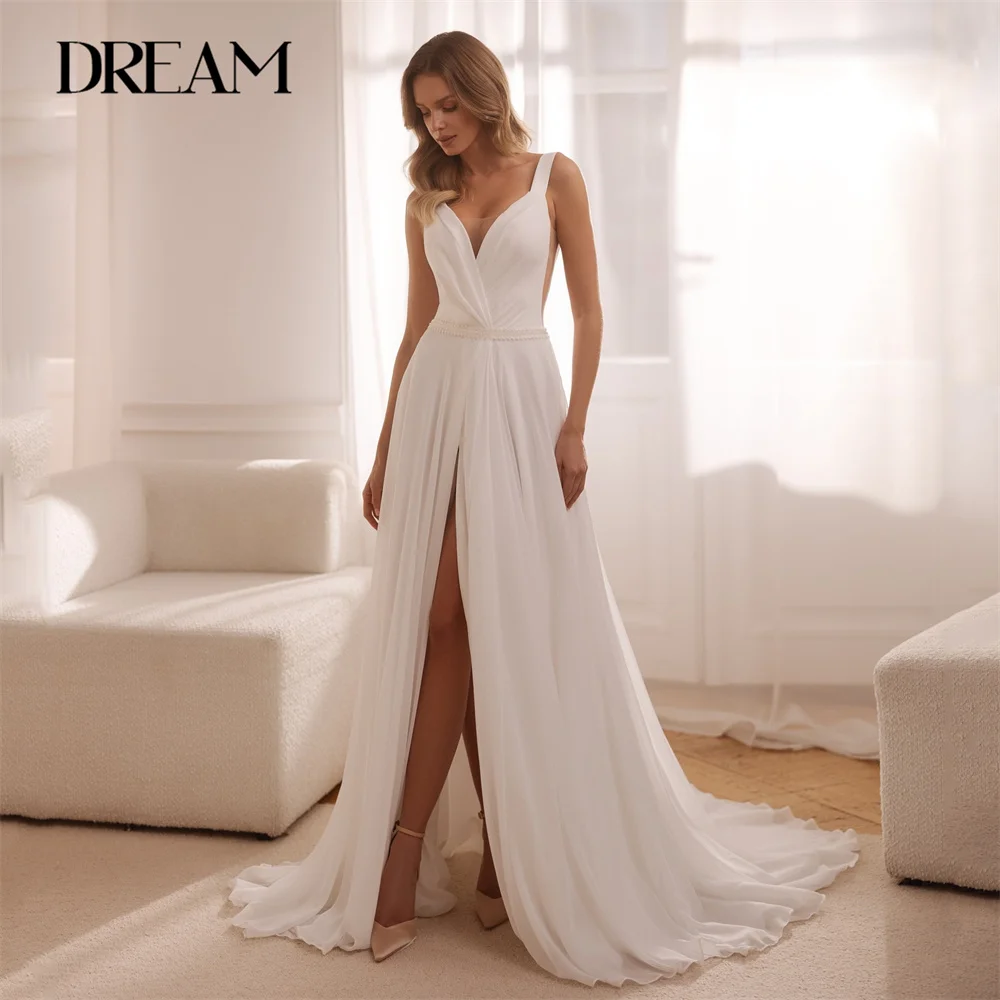

Modern A-Line V-Neck Wedding Dress Women 2025 Spaghetti Straps Pleat High Slit Open Back Bridal Gown Vestido De Novia Customized