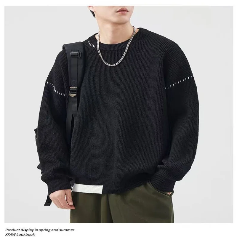 

Осенне-зимний высококачественный свитер, мужской модный брендовый свободный свитер с круглым вырезом, повседневный универсальный ленивый простой толстый теплый вязаный свитер