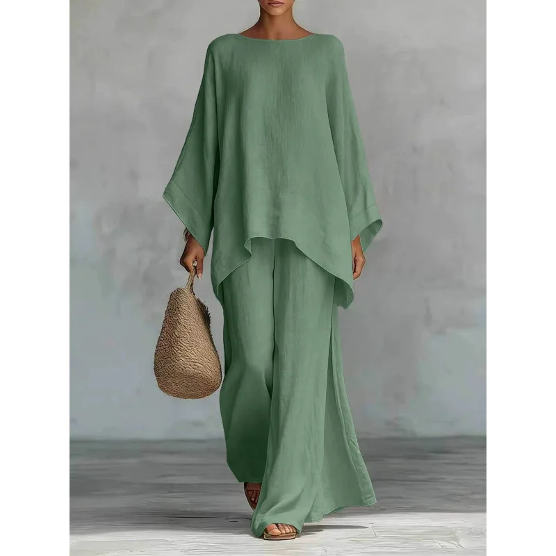 Women Summer Casual Loungewear Set Batwing Sleeve Oversized Top Wide Leg Pants 2 Piece Outfit Daily Vacation Streetwear Suit
