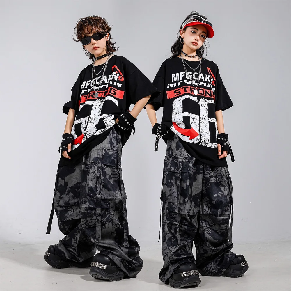 

Уличная одежда для мальчиков и девочек, футболка с граффити в стиле хип-хоп, камуфляжные штаны-карго, детские комплекты одежды K-pop для джаза, детский костюм для уличных танцев