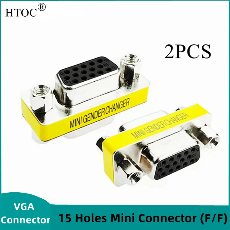 HTOC-conector VGA de 15 agujeros, Mini adaptador hembra a hembra, acoplador SVGA cambiador para enchufar y usar (2 piezas)