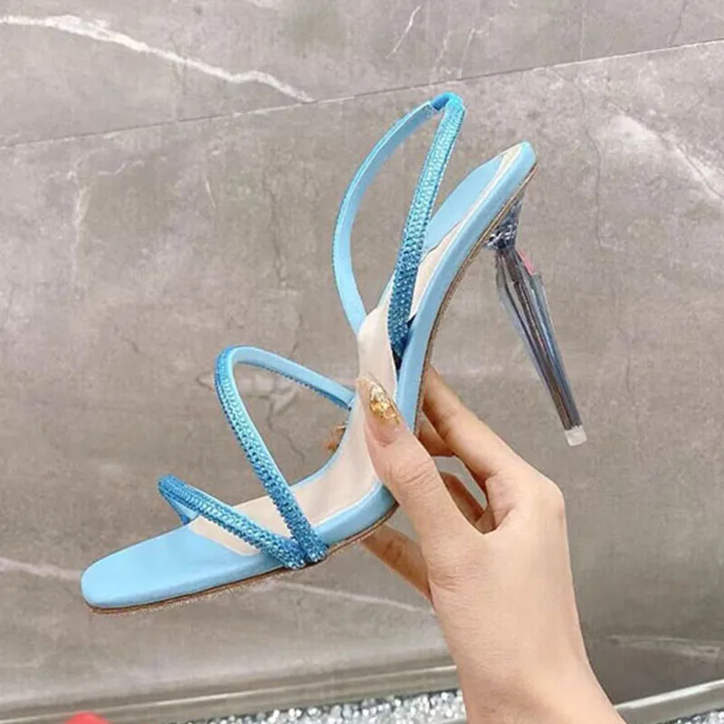 Sandals Women Bling Rhinestone Decor Narrow Band Thin High Heels Sandalias Mujer Summer Party Dress Shoes Bridesmaid Shoes