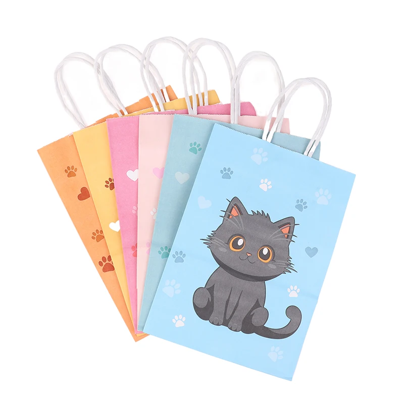 6PCS Colorful Cartoon Cat Paw Print Paper Candy Bags Gift Bags With Handles For Pet Theme Kid Birthday Party Decorations Favors