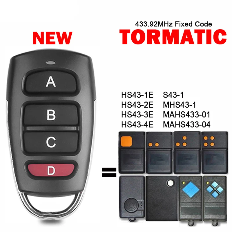 

TORMATIC MAHS433-01 MAHS433-04 Garage Door Remote Control S43-1 MHS43-1 HS43-1E 2E 3E 4E Garage Door Command 433mhz Fixed Code