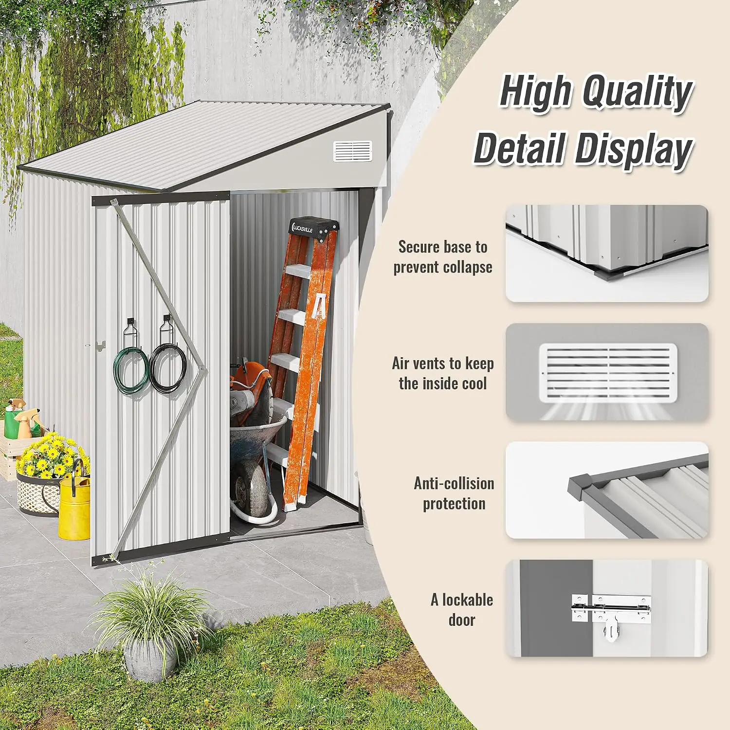 Metal Storage Shed 4x8 FT White Lean-to Wall Sloping Roof Lockable Door Ventilation Window, Customized