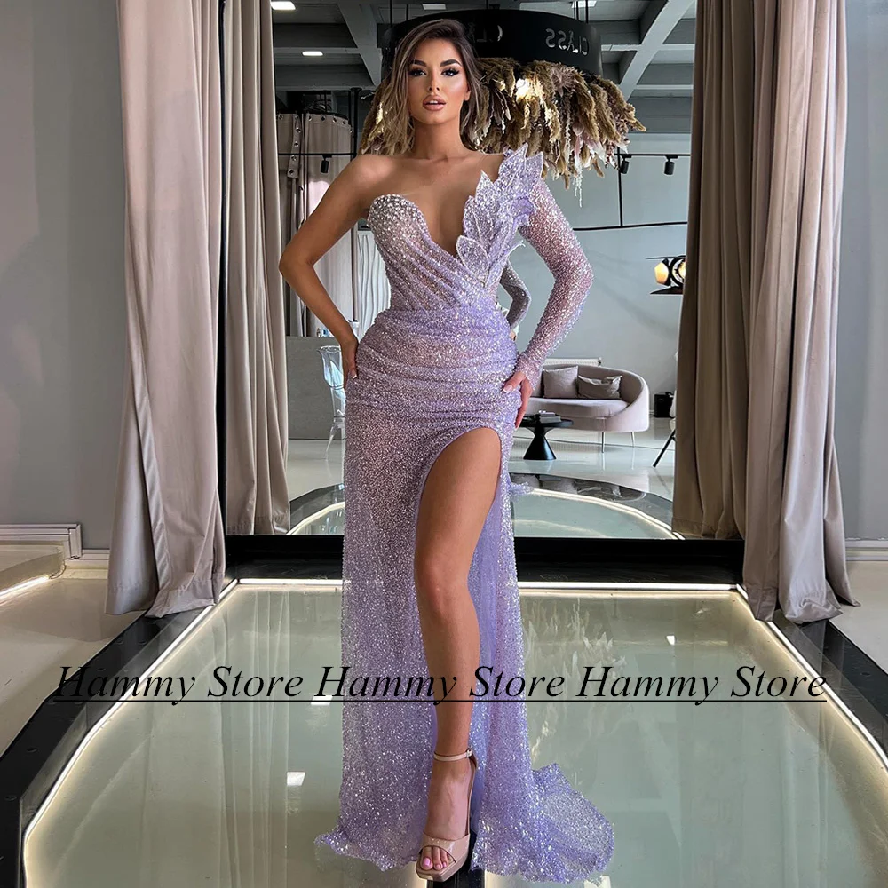 Yipeisha Lilac Mermaid Evening Party Dress One Shoulder Long Sleeves Beading Leaves High Split Sexy Prom Gown Robe De Soiree