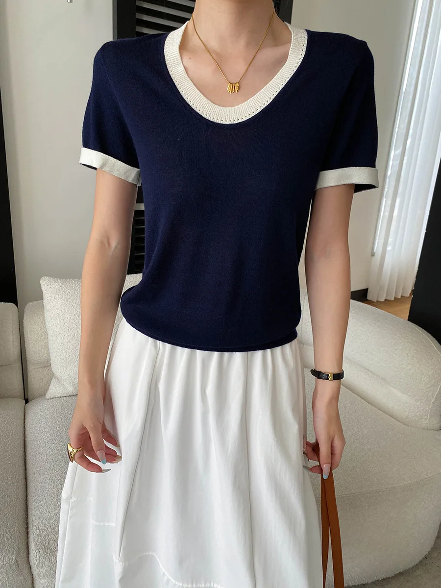Summer women's casual contrasting color V-neck short sleeved knitted T-shirt
