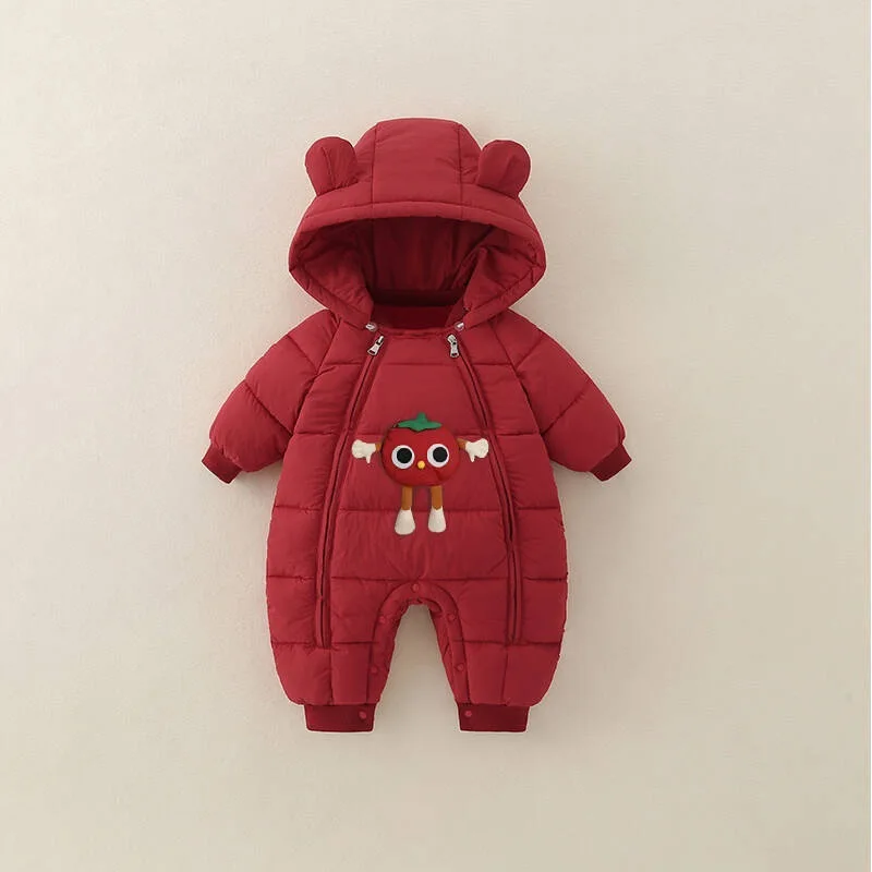 2026 Winter Baby Solid Color New Thickened Cotton Cute Pattern Jumpsuit for Outdoor Activities