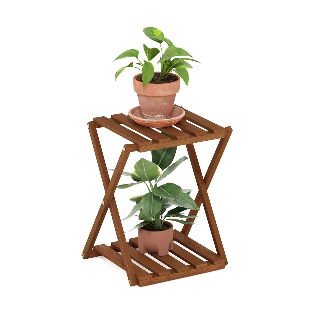 Outdoor Toolless Multipurpose Folding Display Shelf Plant Stand Side Table 2-Tier Natural Wood Water Resistant Compact Design