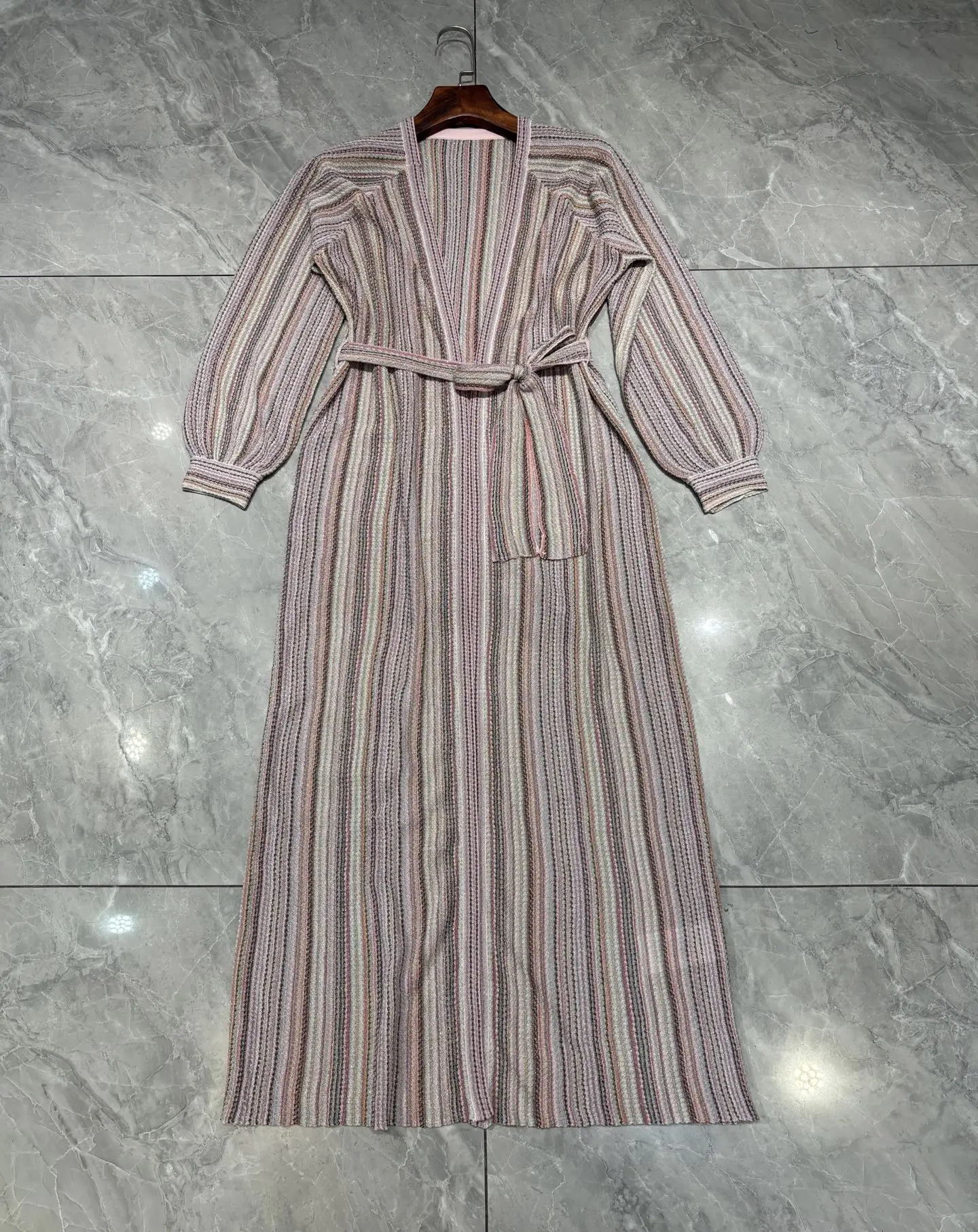 Early Autumn Female Knitted Cardigan Sequins Striped Lantern Sleeve V-Neck Lace-up Waist Loose Sweater