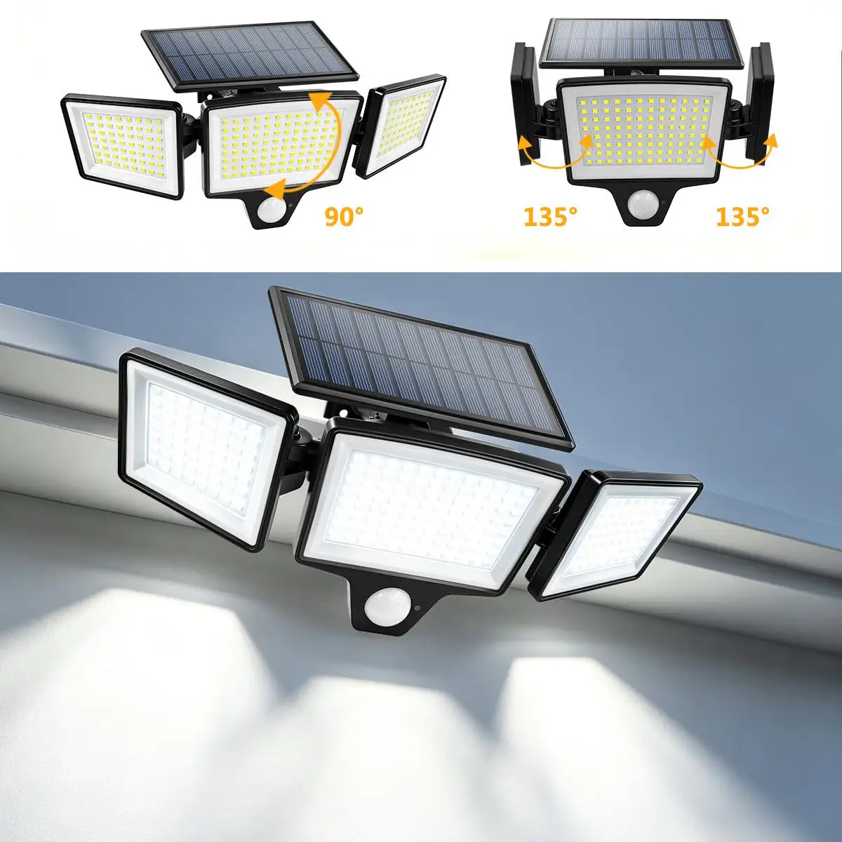 3‑Head Adjustable Solar LED Luminaire Motion Sensor Light Waterproof Outdoor Focus Street Light Wall Lamp for Garden Yard Garage