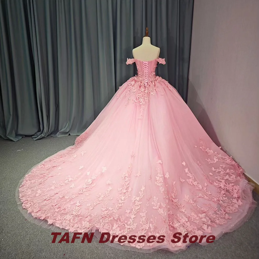 TAFN-vestido quinceanera rosa, trem da capela, fora do ombro, vestido de baile, apliques de renda, colarinho querido, apliques