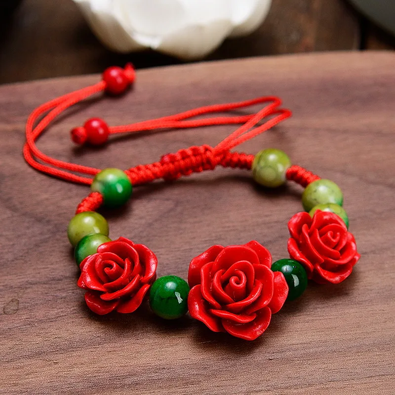 Korean Handmade Wove Rose Flower Bracelet For Women Girl Fashion Lacquer Red Rope Beaded Bracelet Accessorie Party Jewelry Gifts