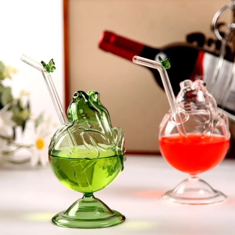 

Cartoon Cocktail Glass, Cute Green Frog Style Handicraft, Beverage Cup Ornament with Straw Bar & Cocktail Glasses Barware