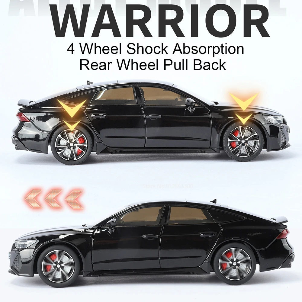 Scala 1:24 RS7 A8 Modello di auto Giocattolo Tirare indietro Suono Luce Lega Diecast Porte Veicoli aperti Modelli in miniatura Collezione di ragazzi Regali