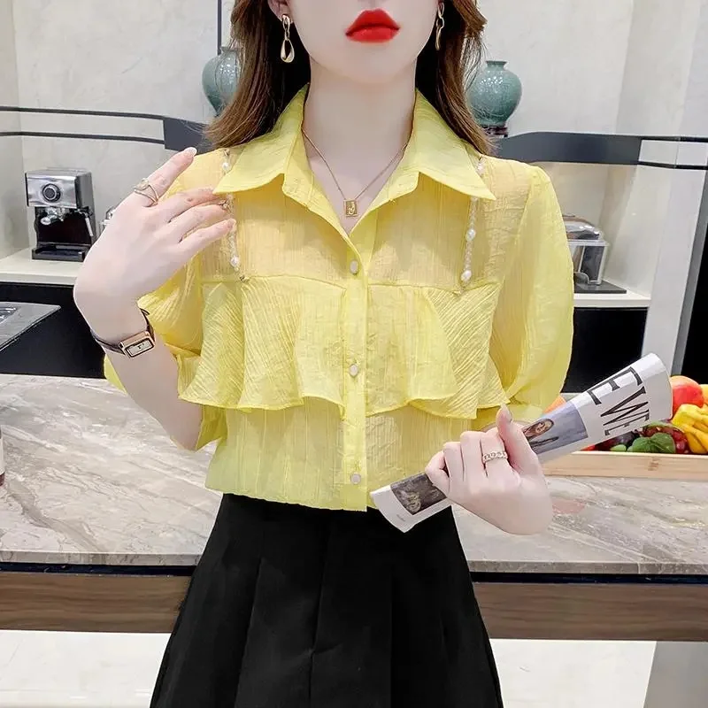 Women's Shirts Blouse High-end Design White Yellow Short Sleeved Shirt Ruffled Edges Summer Design Chiffon Shirts Top Female