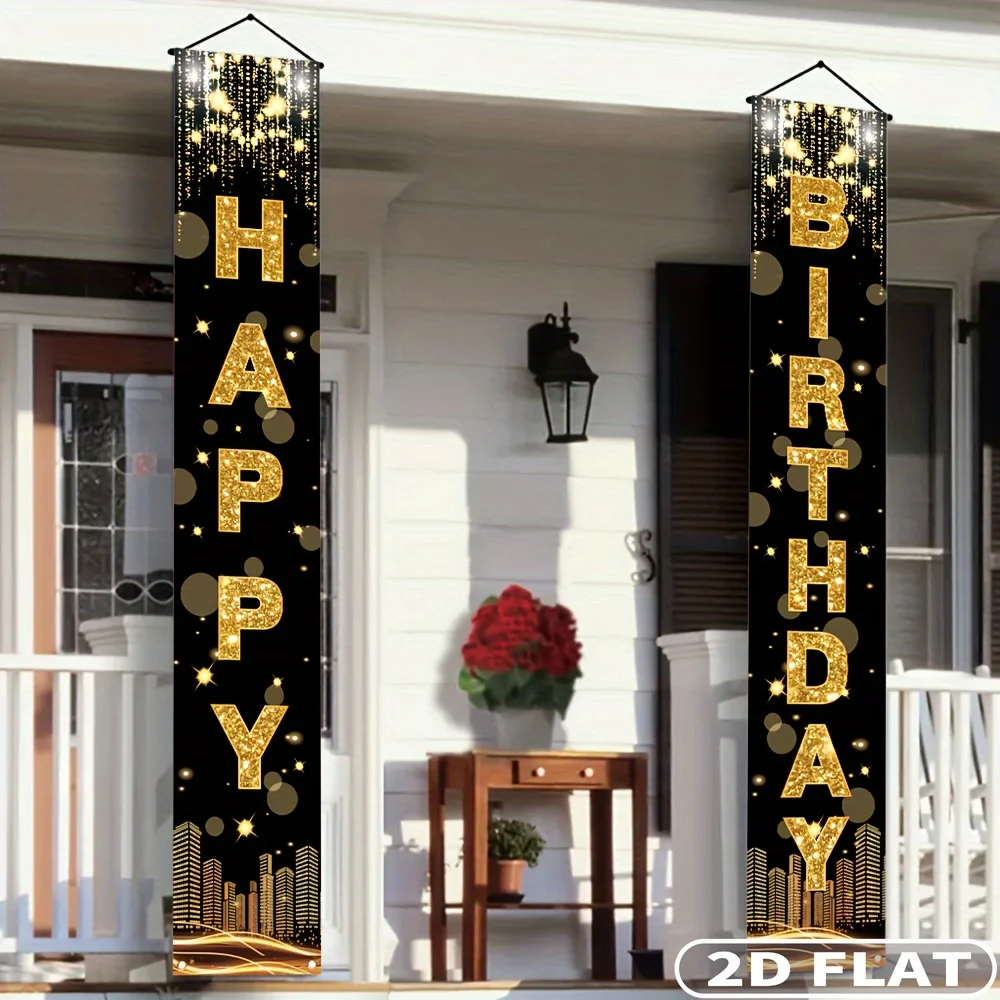 

1 Pair, 2D FLAT Happy Birthday Hanging Festive Backdrops & Banners, Porch Door Couplet, 180x30cm Porch Flag Banners with Pole