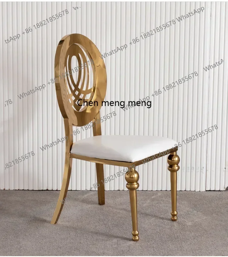 M138Light luxury stainless steel gold dining chairs wedding banquet hall dining table and chairs view 4