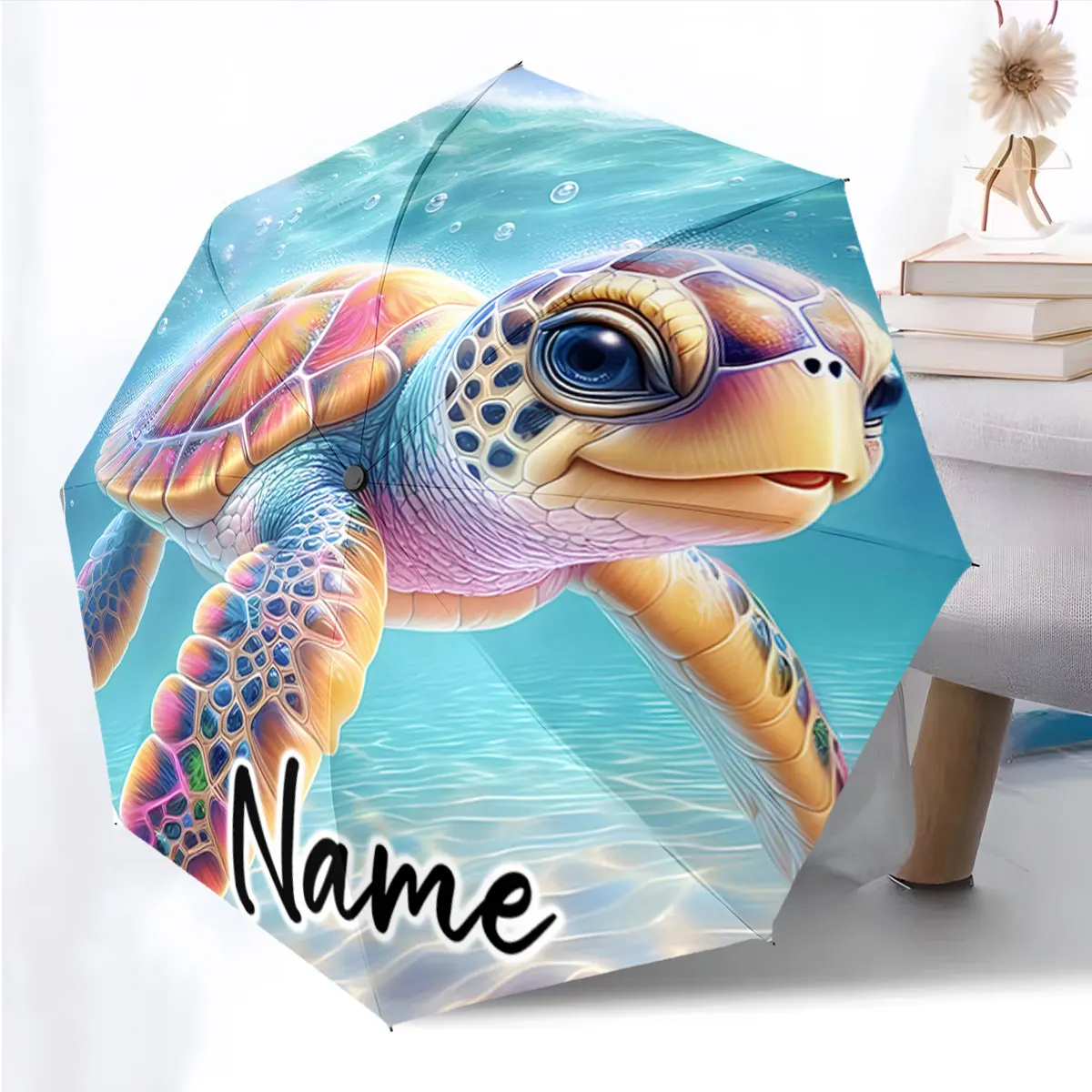 Custom Name Umbrella Colorful Sea Turtle Umbrella Design Print 8 Iron Ribs Folding Umbrella Auto-Open Fashion Sunshade