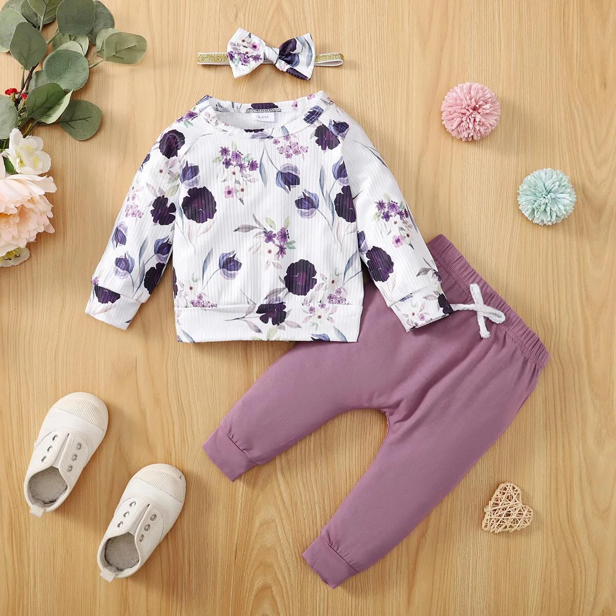 

PatPat 3pcs Baby Girl 95% Cotton Pants and Allover Floral Print Rib Knit Long-sleeve Pullover with Headband Set