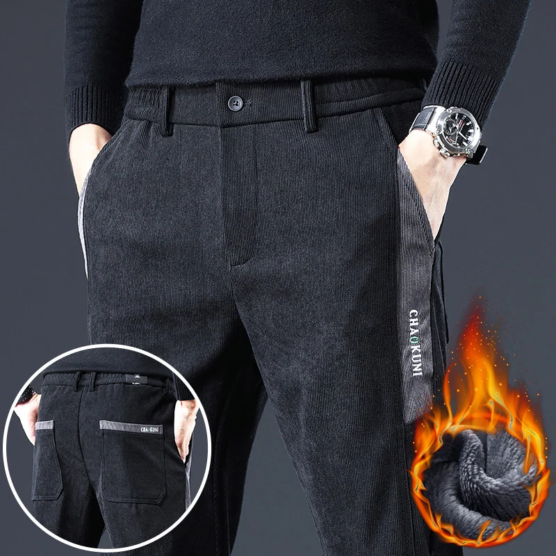 

Men's Winter Fleece Corduroy Casual Pants Slim Fit Elastic Winter Warm Business Simple Classic Long Trousers Cold Protection