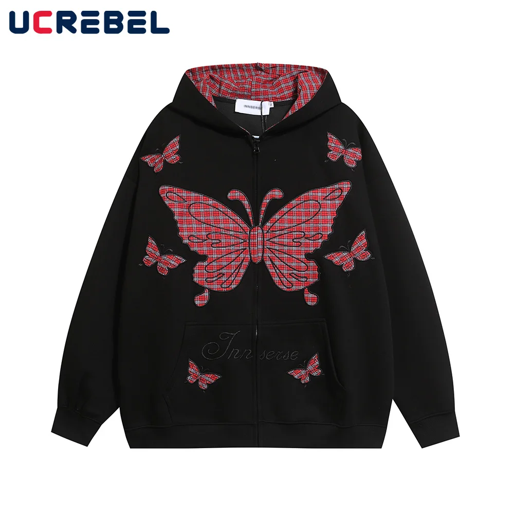 Butterfly Patch Embroidery Hoodies Mens Autumn Y2k Streetwear Long Sleeve Loose Hooded Outerwear Men