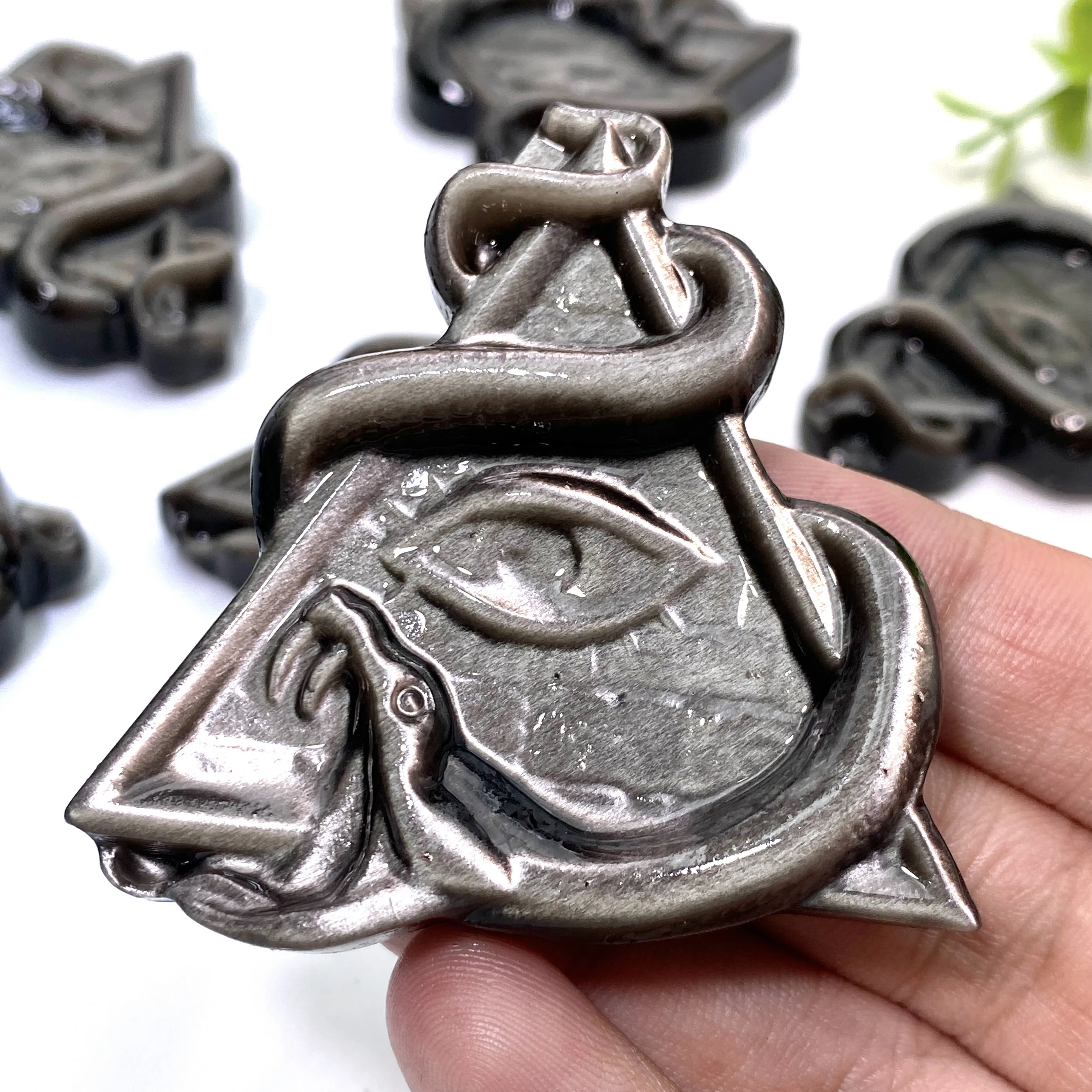 1PC Handcrafted Silver Obsidian With Eye of Providence&Snake Figurines,Ideal for Halloween,Christmas,Easter,Gifts,Occult Decor