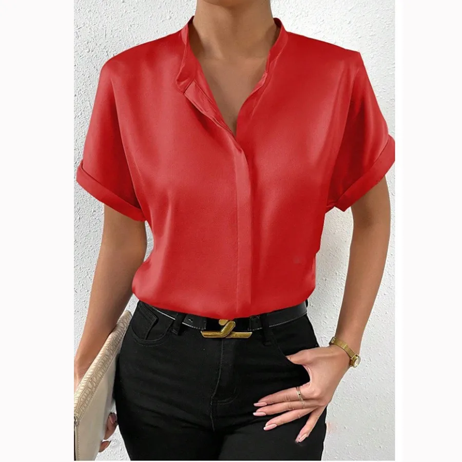 Women's Stand Collar Drop Shoulder Short Sleeve Solid Color Satin Single Breasted Front Blouse Tops For Women Casual Wear