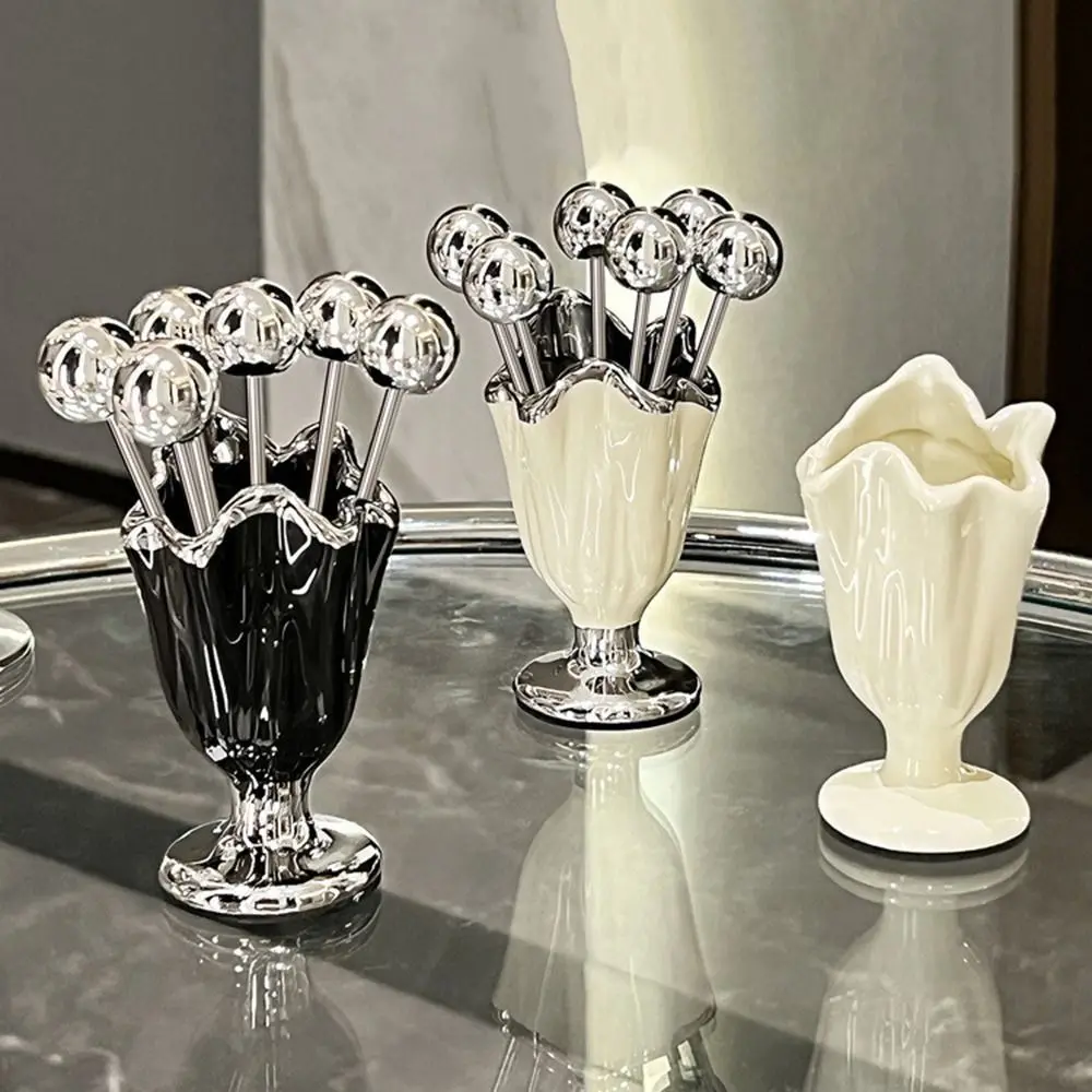 

6Pcs Stainless Steel Fruit Forks Set INS Light Luxury Dessert Forks with Holder Home Decoration Ceramic Jar