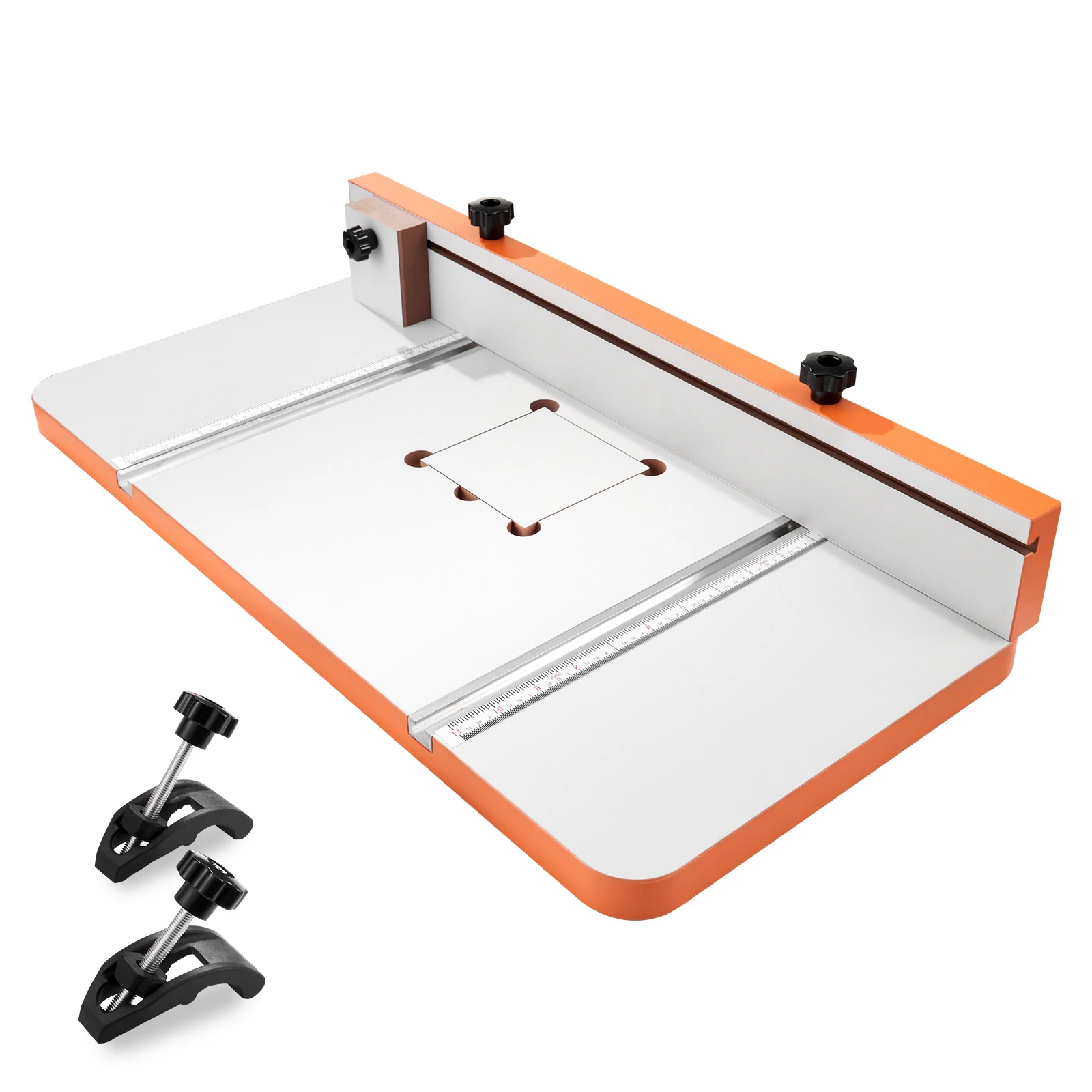 SucceBuy Drill Press Table 24x12Inch Adjustable Fence Stop Block T-Slots MDF Tabletop Built-In Scale Fits Clamps Vises For Drill