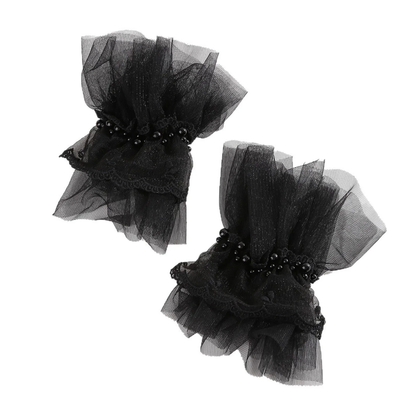 2PCS Elegant and dreamy lace short wedding gloves with tulle and pearls,short lace-trimmed gloves sleeves for Valentine's DAY