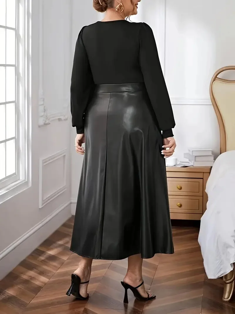 GIBSIE Plus Size Black Scoop Neck Leather Dress Women 2024 Autumn And Winter Lantern Sleeve Office Ladies Vintage Long Dresses