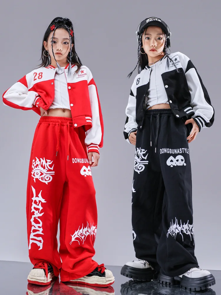 Ropa de Hip Hop para niñas, Top de empalme rojo y blanco, pantalones de chándal para correr de calle roja para niños, traje de baile de Jazz